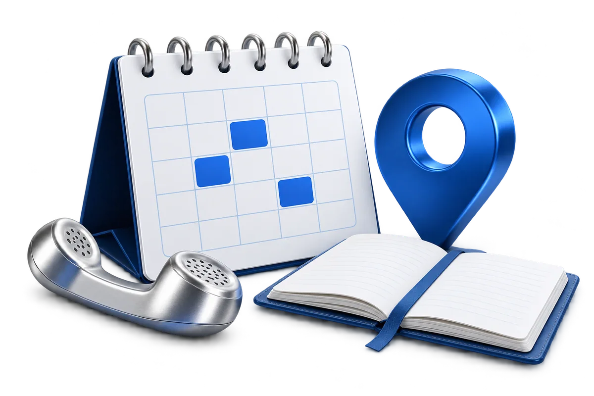 Appointment calendar, location pin and contact tools