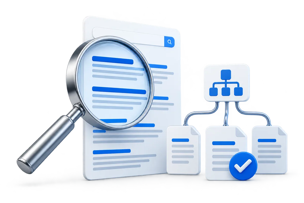 Search results, magnifier and connected website pages illustration
